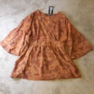 Coupe. Plus Belted Waist Peplum Blouse, Sheer, Tie In Back, V Neck, Marbled 2X